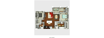 A 3D rendered image of a small apartment layout.