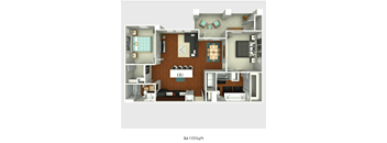 A 3D floor plan of a residential apartment layout.