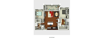 A 3D rendered image of a small apartment layout.