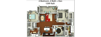 A 2 bedroom, 2 bath and den apartment is 1398 square feet.