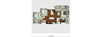 A 3D floor plan of a house layout with labeled rooms.