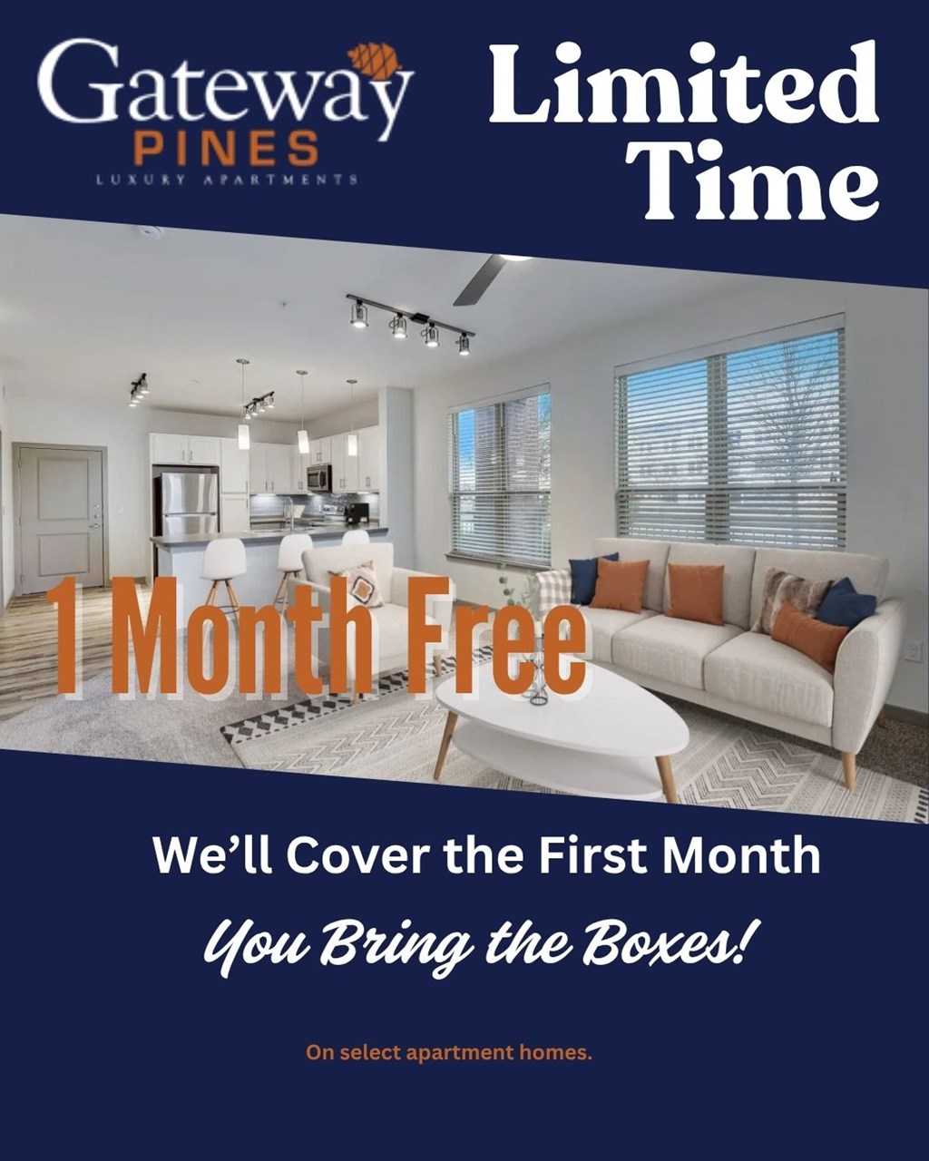 A poster advertising a free first month at Gateway Pines Luxury Apartments.