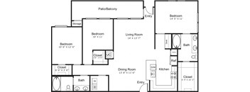 A floor plan of a house with a living room, two bedrooms, a dining room, a kitchen, a bathroom, and a storage area.
