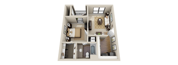 A 3D floor plan of a small apartment with a living room, kitchen, and bathroom.