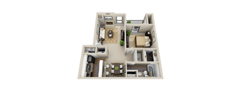 A 3D floor plan of a house with a living room, dining room, kitchen, and two bedrooms.