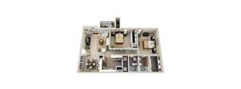 A 3D floor plan of a house with a living room, kitchen, dining room, and bedrooms.