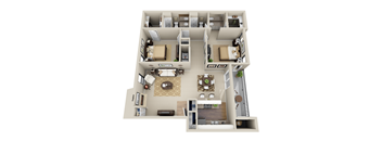 A 3D floor plan of a house showing a living room, kitchen, dining room, and bedrooms.