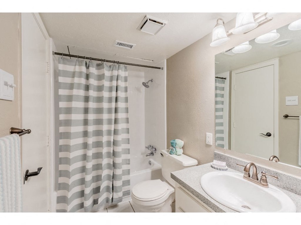 a bathroom with a shower toilet and sink and a mirror