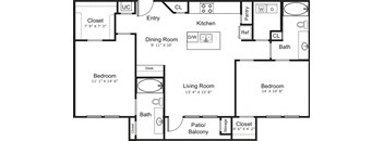 A floor plan of a house with a living room, dining room, kitchen, and two bedrooms.