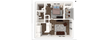 A 3D floor plan of a small apartment with a bedroom, living room, and kitchen.