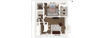 A top-down view of a small apartment with a bed, couch, and kitchen area.