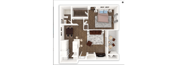 A top-down view of a small apartment with a bedroom, living room, and kitchen.