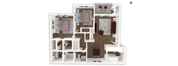 A 3D floor plan of a house with multiple rooms and furniture.