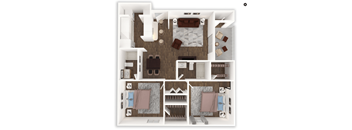 A top-down view of a house layout with a living room, kitchen, dining area, and bedrooms.