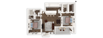 A 3D floor plan of a house with a kitchen, living room, and two bedrooms.