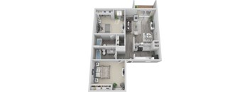 A 3D floor plan of a small apartment with two bedrooms, a living room, a kitchen, and a bathroom.