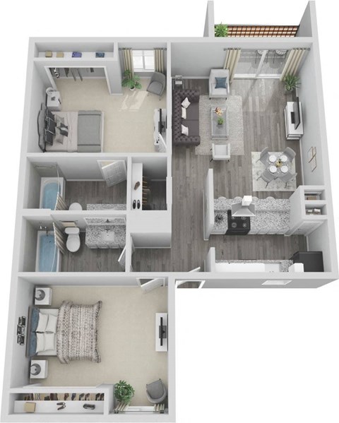 A 3D floor plan of a small apartment with two bedrooms, a living room, a kitchen, and a bathroom.