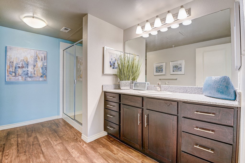 an open bathroom with a large mirror and wooden cabinets