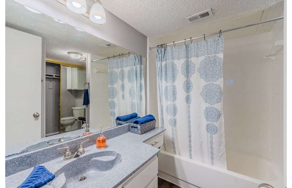 a bathroom with a shower and a sink and a mirror