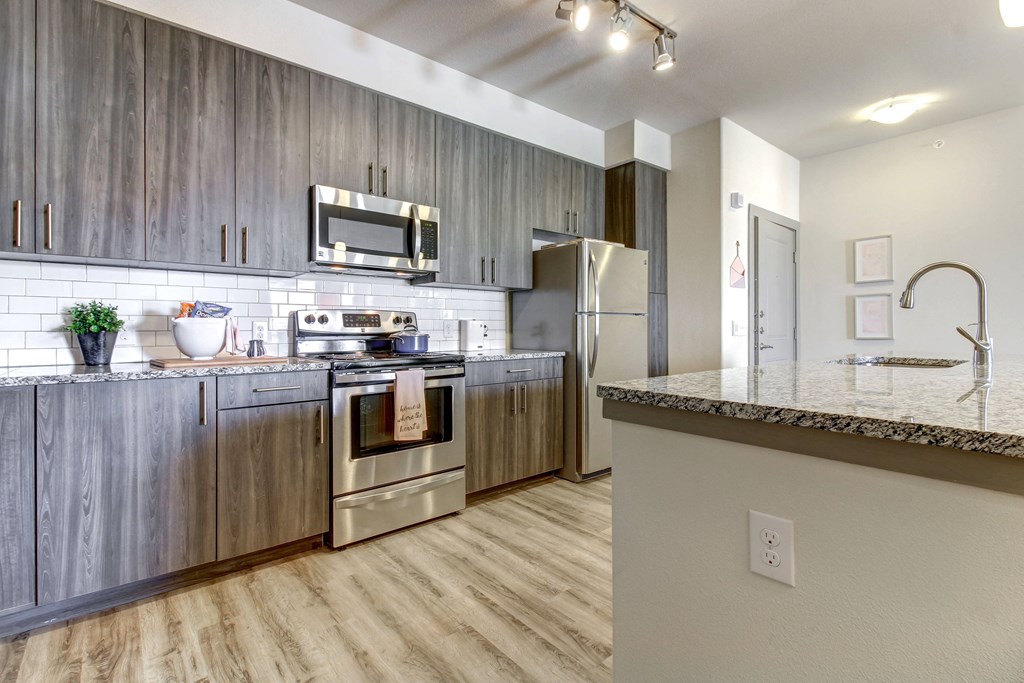 a kitchen with stainless steel appliances and a marble counter top