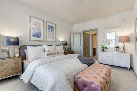 a bedroom with a bed and a dresser and a closet