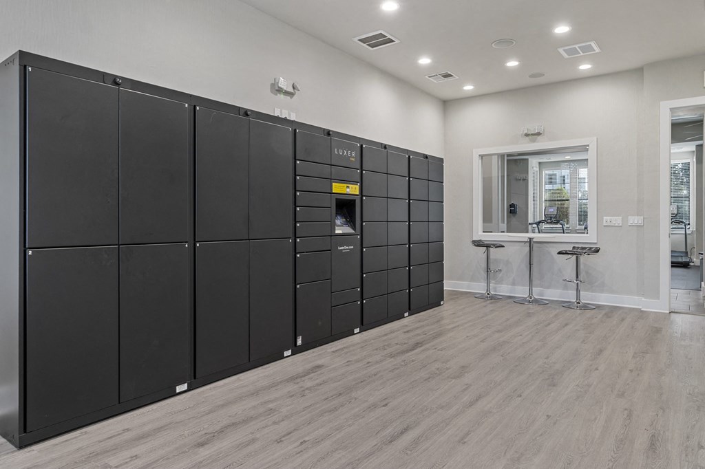 the lockers in the fitness room at the flats at 96 franklin street