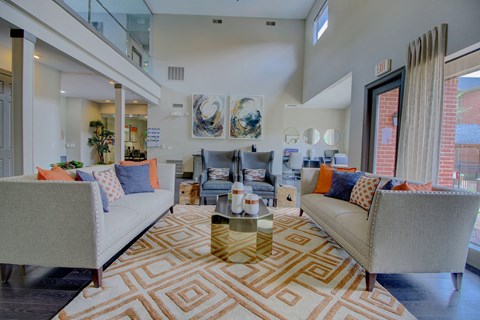 a living room with couches and chairs and a geometric rug