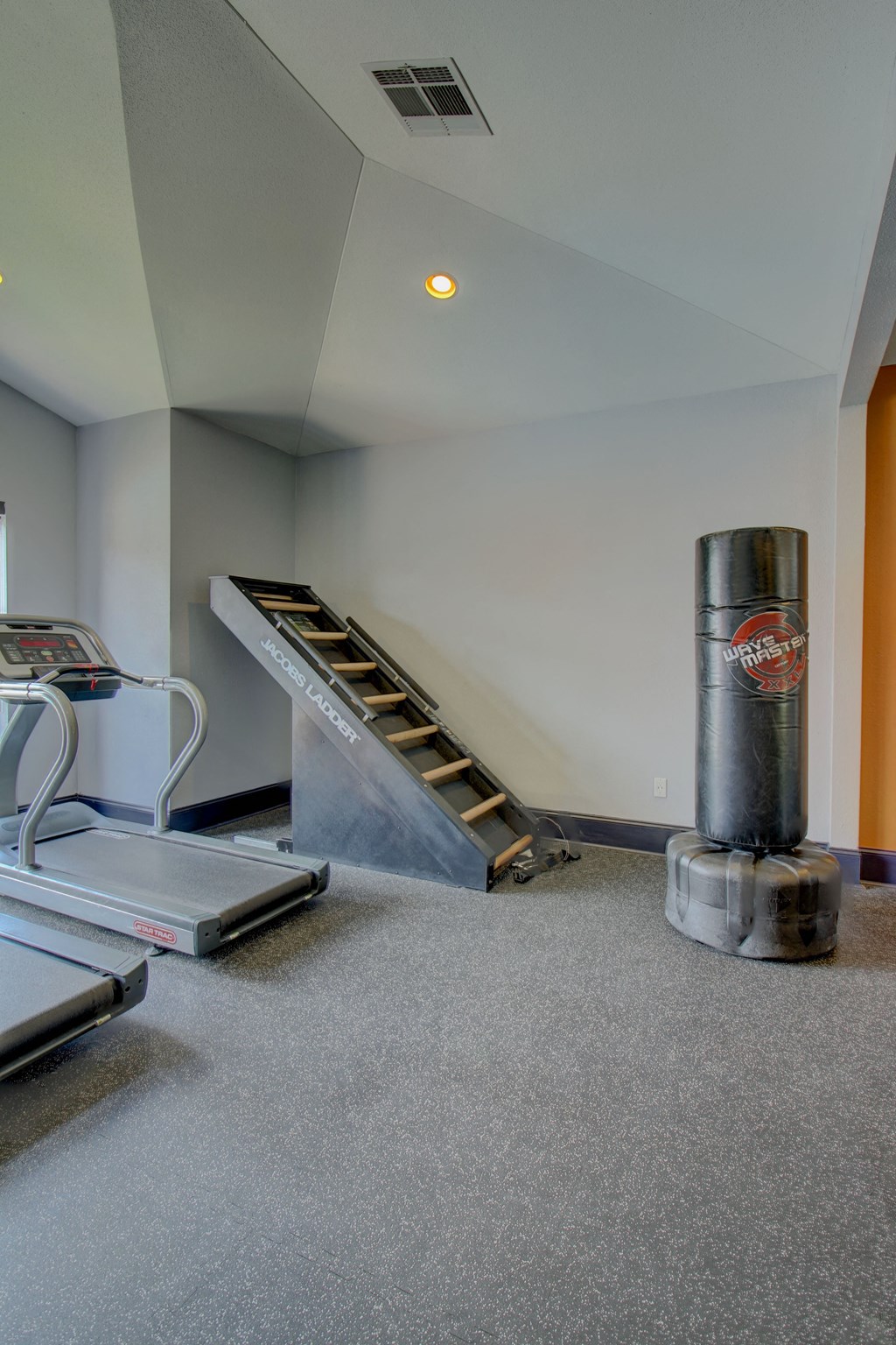 a room with a treadmill and a fire place in the corner