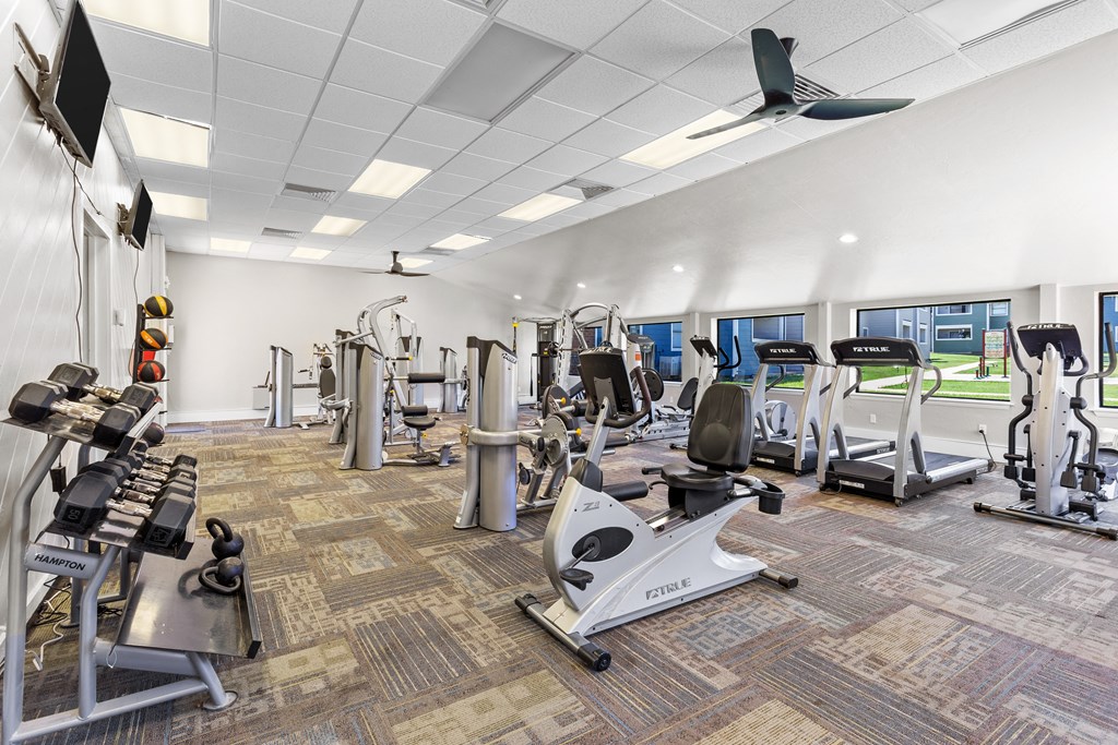 a large fitness room with treadmills and other exercise equipment