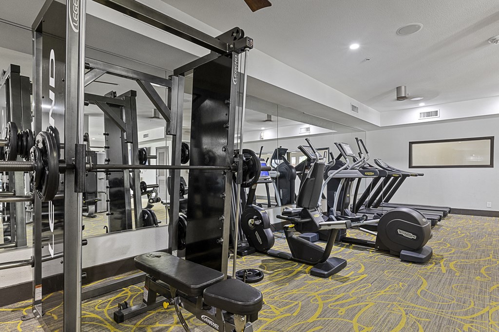a gym with weights and cardio equipment in a building