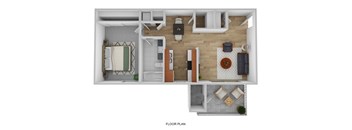 a stylized floor plan with a bedroom and a living room