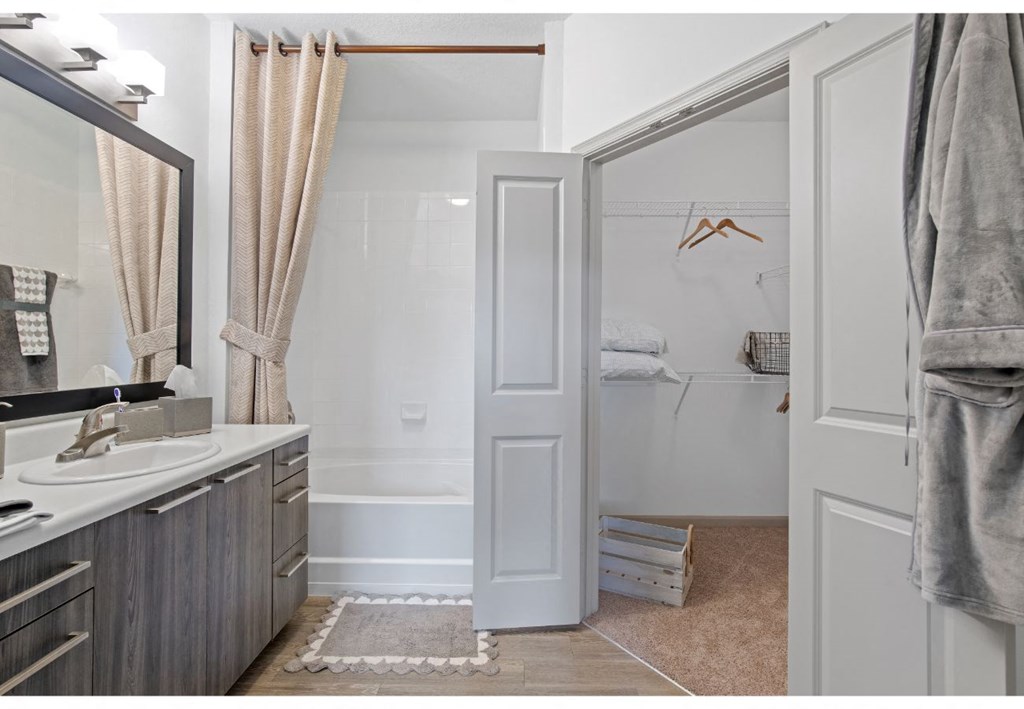 a bathroom with a shower and a sink and a mirror