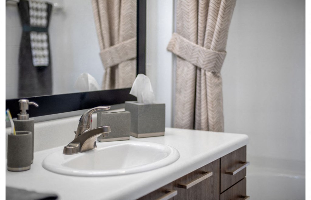 a bathroom with a sink and a mirror