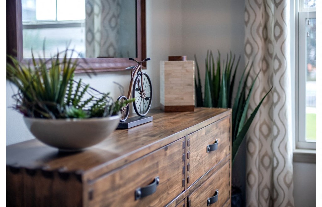 a dresser with a plant and a bike on top of it