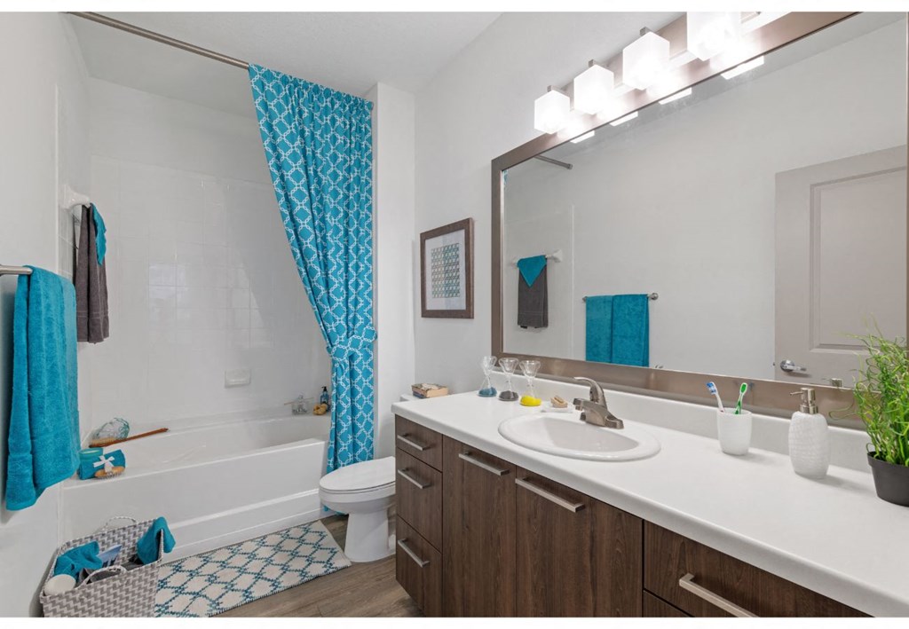 a bathroom with a large mirror and a sink and a bath tub