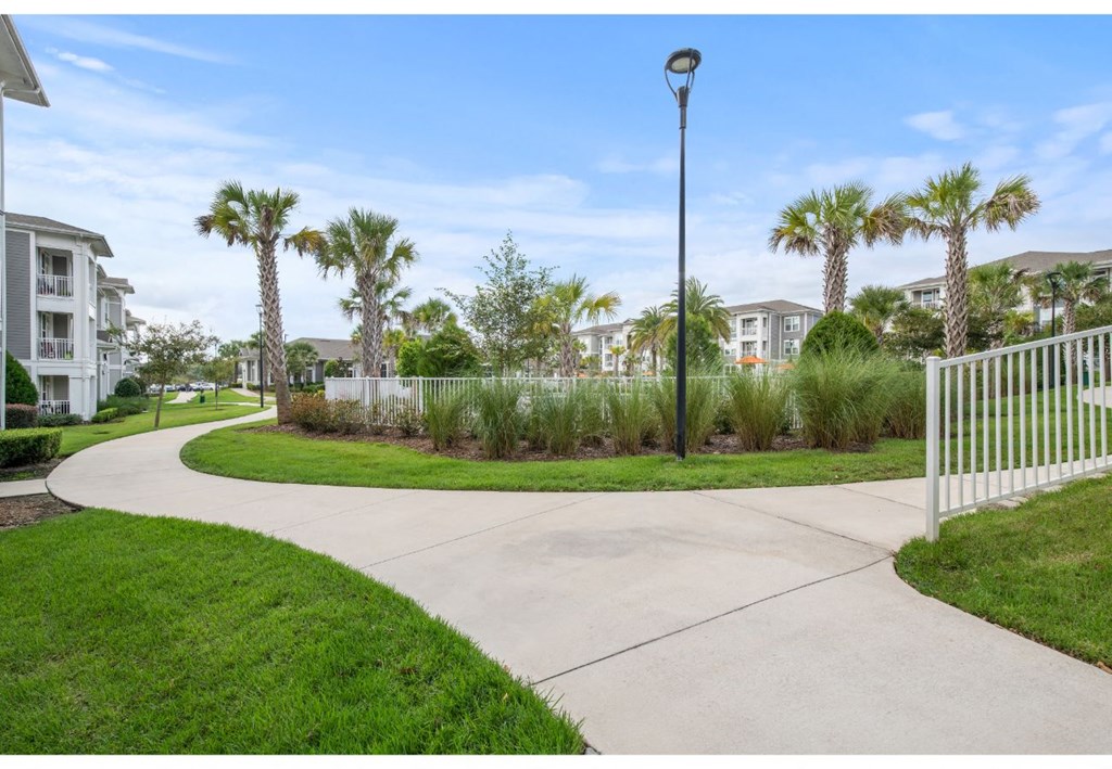 a walkway with palm trees and houses in the background