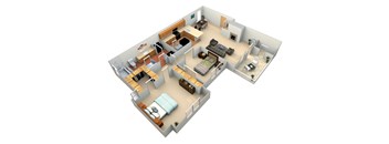 3d floor plan of a home with a bedroom and living room