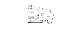 A floor plan of a small apartment with a bedroom, living room, and dining area.