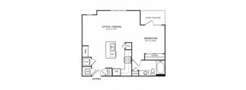 A black and white image of a house plan with a living room, dining room, and bedroom.
