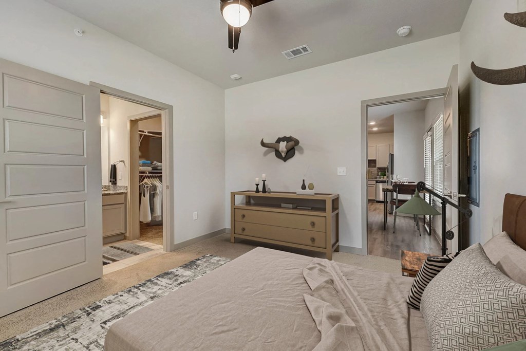 a bedroom with a bed and a dresser and a closet