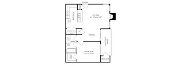 A floor plan of a home with a living room, dining room, kitchen, and bedroom.