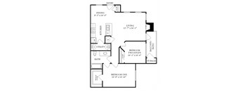 A black and white image of a floor plan for a small apartment.