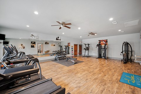 the spacious fitness room has a treadmill, elliptical and weights machines