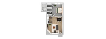 a stylized floor plan with a bedroom and a living room
