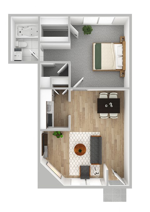 a stylized floor plan with a bedroom and a living room