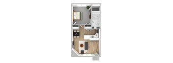 a stylized floor plan of a studio apartment with a bedroom and a bathroom