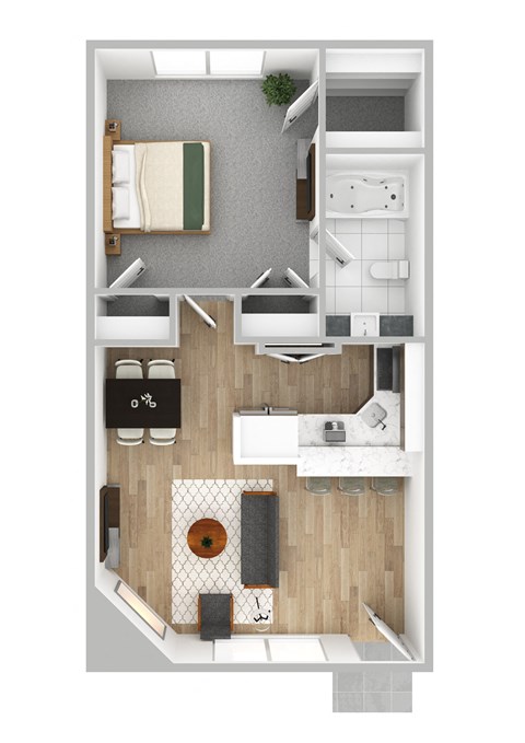 a stylized floor plan of a studio apartment with a bedroom and a bathroom