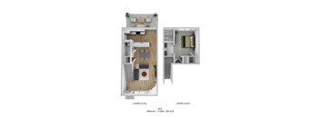 a stylized floor plan of a house with a bedroom and a living room