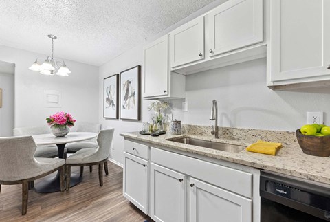 a kitchen with a sink and a table with chairs