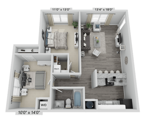 a 2 bedroom floor plan with a bathroom and a living room
